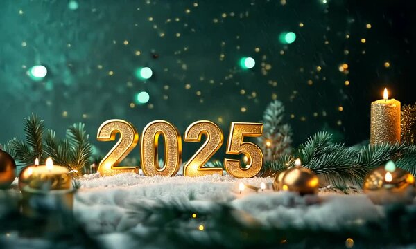 Chiffres dor&eacute;s 2025 pos&eacute;s sur de la neige entour&eacute;s de d&eacute;corations de No&euml;l, branches de sapin, boules dor&eacute;es et bougie allum&eacute;e, ambiance festive et lumineuse de No&euml;l 2025