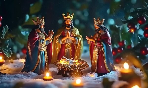 Les rois mages adorant l&rsquo;enfant J&eacute;sus, sc&egrave;ne de la Nativit&eacute; avec bougies et d&eacute;cor de No&euml;l pour l&rsquo;&Eacute;piphanie, galette des rois 6 janvier
