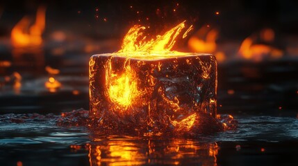 fire and ice, flaming ice cube, elemental contrast, melting ice, burning flame, surreal composition, glowing embers, reflective surface, dark background, dramatic lighting, high detail, photorealistic