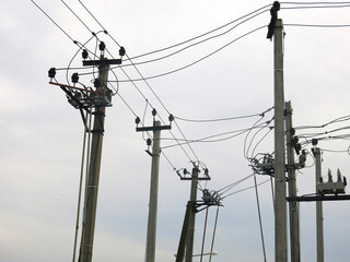 many power poles on the edge of the city