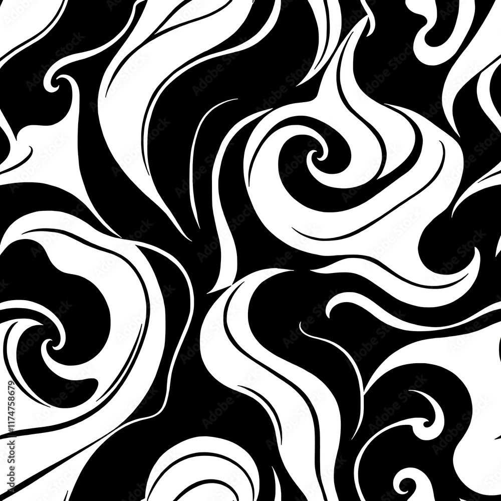 Poster abstract swirling pattern: a seamless pattern of mesmerizing black and white swirls, creating a dyna