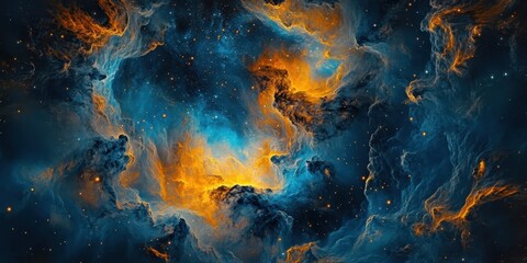 Obraz premium Cosmic battle, fire and ice elementals clashing, swirling energy, galactic nebula, vibrant orange and blue, ethereal wisps, abstract space art, celestial forces, dynamic composition, high contrast, my