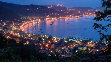Fototapeta premium A serene coastal view at dusk, showcasing city lights along the shoreline and water.