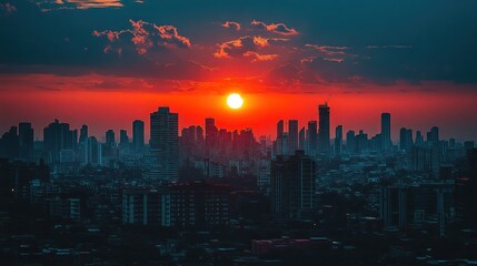 Fototapeta premium A vibrant sunset over a city skyline, casting warm hues across towering buildings.