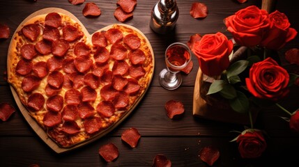 Fototapeta premium Valentine's Day Romance: Heart-Shaped Pepperoni Pizza with Red Roses and Wine Glasses, Set on Dark Wood, Wide-Angle High-Angle View