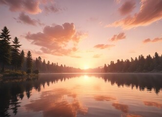 Obraz premium Soft peach hues blend with creamy whites in a serene cloudy sunset over a tranquil lake, serene, peaceful scene , peaceful