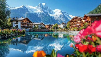 Naklejka premium Idyllic alpine village, tranquil lake reflection, snow-capped mountains, traditional wooden chalets, colorful flowers in foreground, serene atmosphere, blue sky with wispy clouds, picturesque landscap