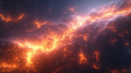 Fototapeta premium Fiery cosmic nebula, glowing plasma streams across a dark starfield.