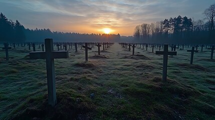 Obraz premium Sunrise over a Field of Crosses: A Serene and Somber Dawn