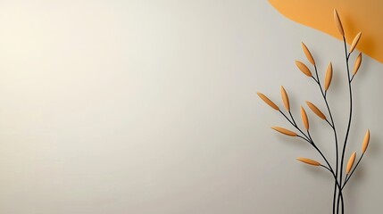 Simple minimalist artwork featuring a stylized branch with orange leaves against a beige and orange background.