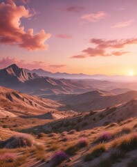 Soft pink and peach tones in a panoramic sunset sky with gentle hills in the foreground, natural scenery, serene landscapes, hilltop views