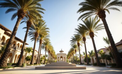 Serene palm-lined pathway in luxury resort