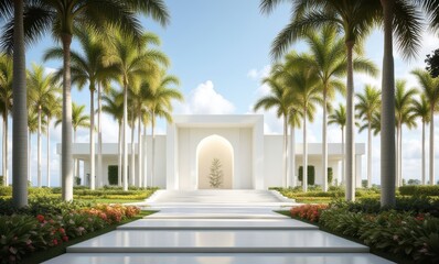 Modern architectural entrance with palm trees