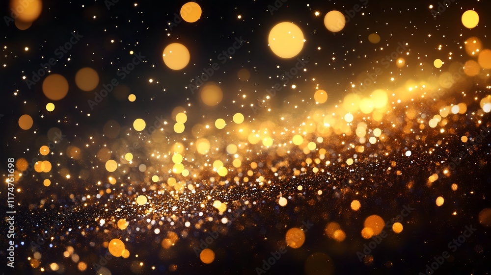 Poster mesmerizing golden glitter and bokeh lights dancing in a dark mysterious night sky background captiv