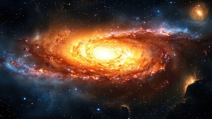 Space galaxy, spiral galaxy, cosmic swirl, fiery golden nebula, celestial vortex, starry expanse, deep space, cosmic dust, glowing galactic core, astronomical phenomenon, stellar nursery, interstellar