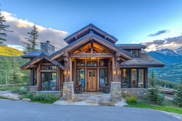 Obraz premium A picturesque chalet with panoramic windows and a rustic wooden front door, overlooking a serene alpine valley