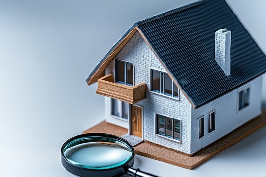 Detailed Close-Up of a Model House with Magnifying Glass for Real Estate, Architecture, and Home Design Themes Emphasizing Inspection and Analysis