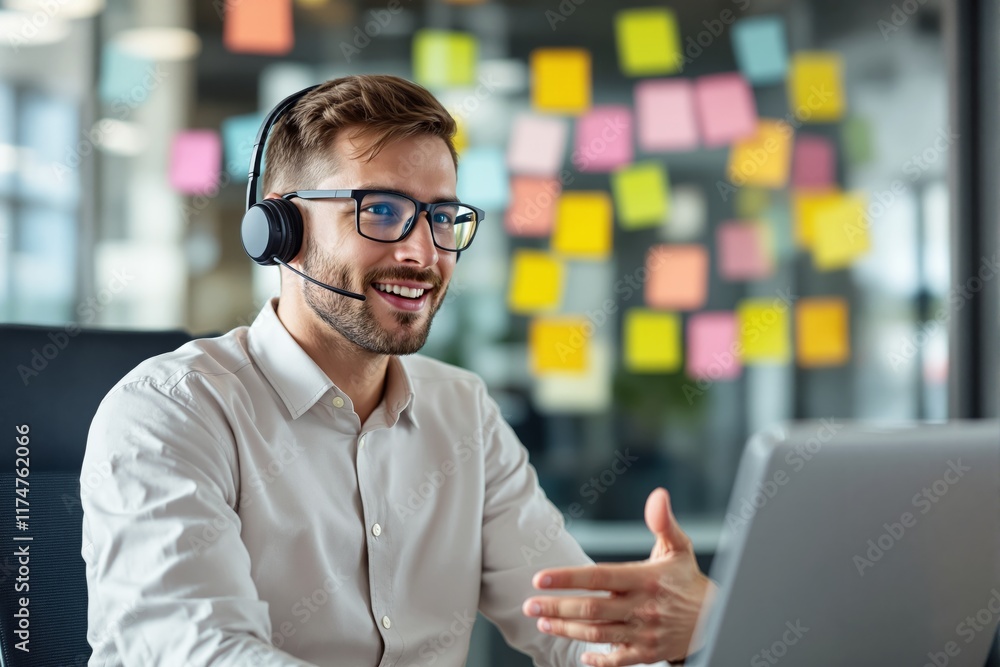 Poster smiling man wearing a headset and glasses, engaging in a conversation while working on a laptop. bri