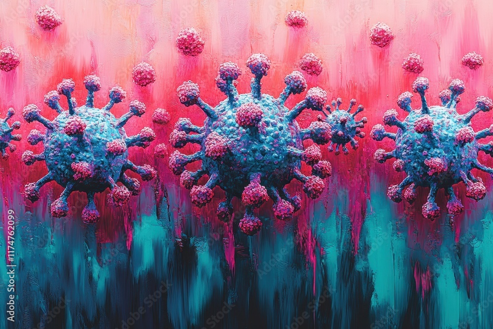 Poster colorful abstract representation of viruses on a vibrant background showcasing microscopic details o