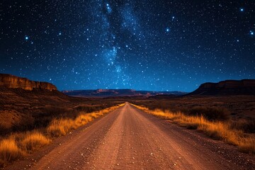 Clear night sky over a remote dirt road surrounded by desert landscape in the evening
