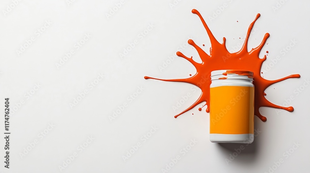 Poster orange paint spill: vibrant orange paint explodes from an overturned jar, creating a dynamic and art