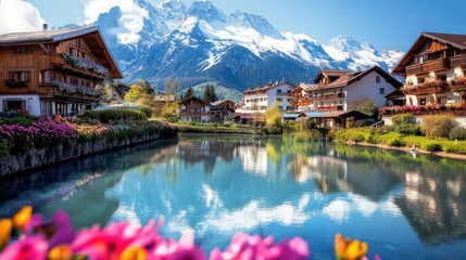 Naklejka premium Idyllic alpine village, tranquil lake reflection, snow-capped mountains, traditional wooden chalets, colorful flowers in foreground, serene atmosphere, blue sky with wispy clouds, picturesque landscap