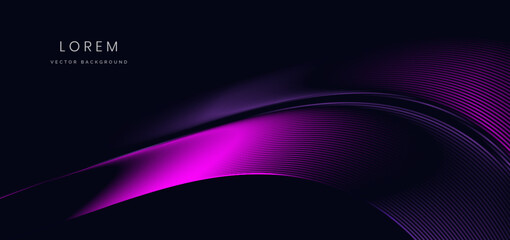 Abstract glowing neon pink and purple wave light lines on dark purple background.