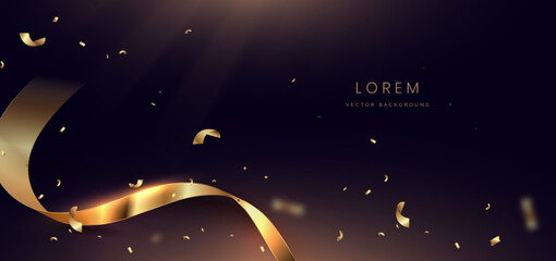 Fototapeta premium Golden confetti and ribbon on dark background. Celebration grand openning party happy concept.
