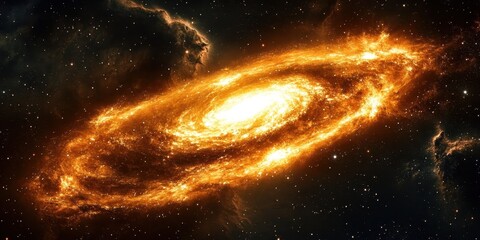 Obraz premium Space galaxy, spiral galaxy, cosmic swirl, fiery golden nebula, celestial vortex, starry expanse, deep space, cosmic dust, glowing galactic core, astronomical phenomenon, stellar nursery, interstellar
