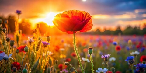 Fototapeta premium Backlit Poppy in Wildflower Meadow - Low Light Photography