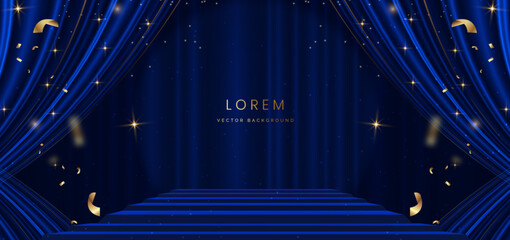 Stage blue curtain background. Golden confetti  background. Celebration grand opening party happy concept.