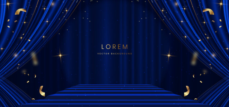 Stage blue curtain background. Golden confetti background. Celebration grand opening party happy concept.