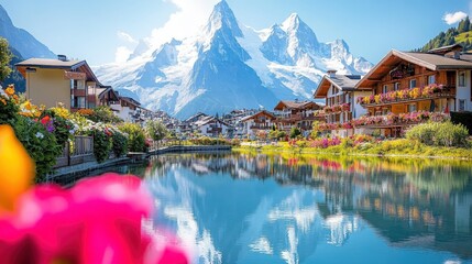 Fototapeta premium Idyllic alpine village, tranquil lake reflection, snow-capped mountains, traditional wooden chalets, colorful flowers in foreground, serene atmosphere, blue sky with wispy clouds, picturesque landscap