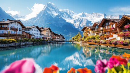 Fototapeta premium Idyllic alpine village, tranquil lake reflection, snow-capped mountains, traditional wooden chalets, colorful flowers in foreground, serene atmosphere, blue sky with wispy clouds, picturesque landscap