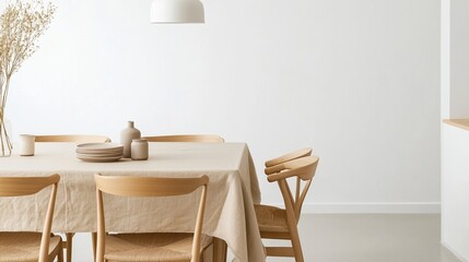 A minimalist dining area with wooden chairs and a neutral tablecloth