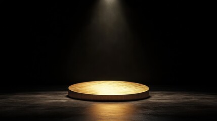 A minimalist golden podium illuminated by a single spotlight