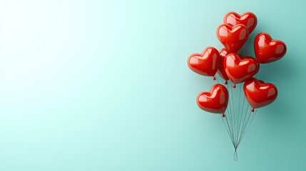 A bunch of red heart-shaped balloons floating against a pastel background, symbolizing love and celebration. Perfect for Valentine's or Women's Day themes.