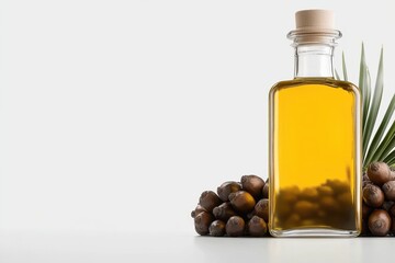 Glass bottle with natural cooking oil beside ripe fruits and palm leaves on a light background, showcasing healthy food and sustainable ingredients
