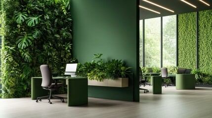 A minimalist green-themed workspace with plants and modern furniture
