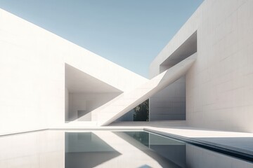 Obraz premium A pure white geometric building with shadow-casting overhangs and a reflecting pool