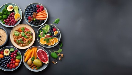 Fototapeta premium Healthy food dishes displayed in a top view, creating a colorful and nutritious spread, with free space for your text or branding