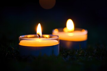 Two Candles Burning Brightly In The Night Grass