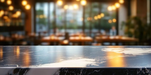 Wooden table surface, blurred restaurant background, warm glowing lights, bokeh effect, intimate atmosphere, cozy dining setting, soft focus, evening ambiance, rustic decor, empty tabletop, reflective