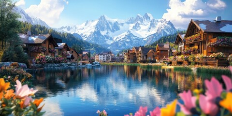 Fototapeta premium Idyllic alpine village, tranquil lake reflection, snow-capped mountains, traditional wooden chalets, colorful flowers in foreground, serene atmosphere, blue sky with wispy clouds, picturesque landscap