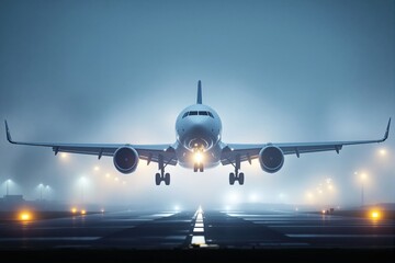 Obraz premium Airplane landing on a runway during nighttime with bright lights and fog creating a dramatic scene. Illuminated background. Concept of aviation. Ai generative