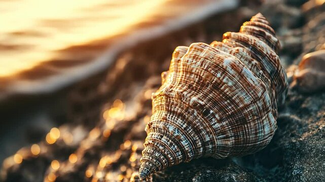 Spiral seashell rests on sandy beach as waves gently roll in during golden sunset