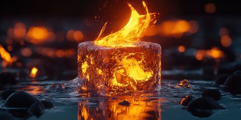 fire and ice, flaming ice cube, elemental contrast, melting ice, burning flame, surreal composition, glowing embers, reflective surface, dark background, dramatic lighting, high detail, photorealistic