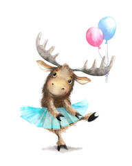 A cute dancing moose in a ballet tutu with balloons on antlers. Hand drawn