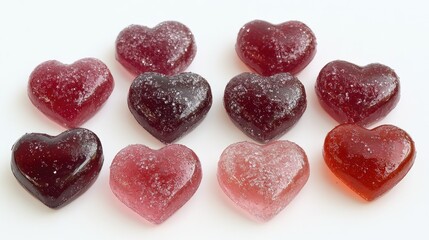 Obraz premium A collection of red and pink marmalade hearts, glistening with sugar, isolated on a white background for sweet and romantic visuals.
