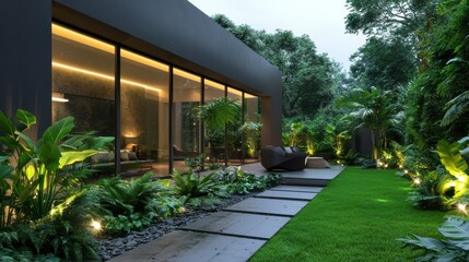 A modern garden patio with lush greenery and soft ambient lighting